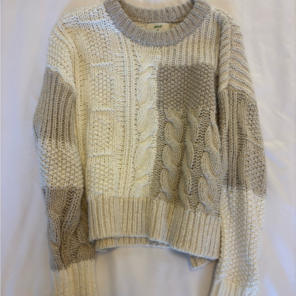 Aerie Cream and Brown Cable Knit Sweater